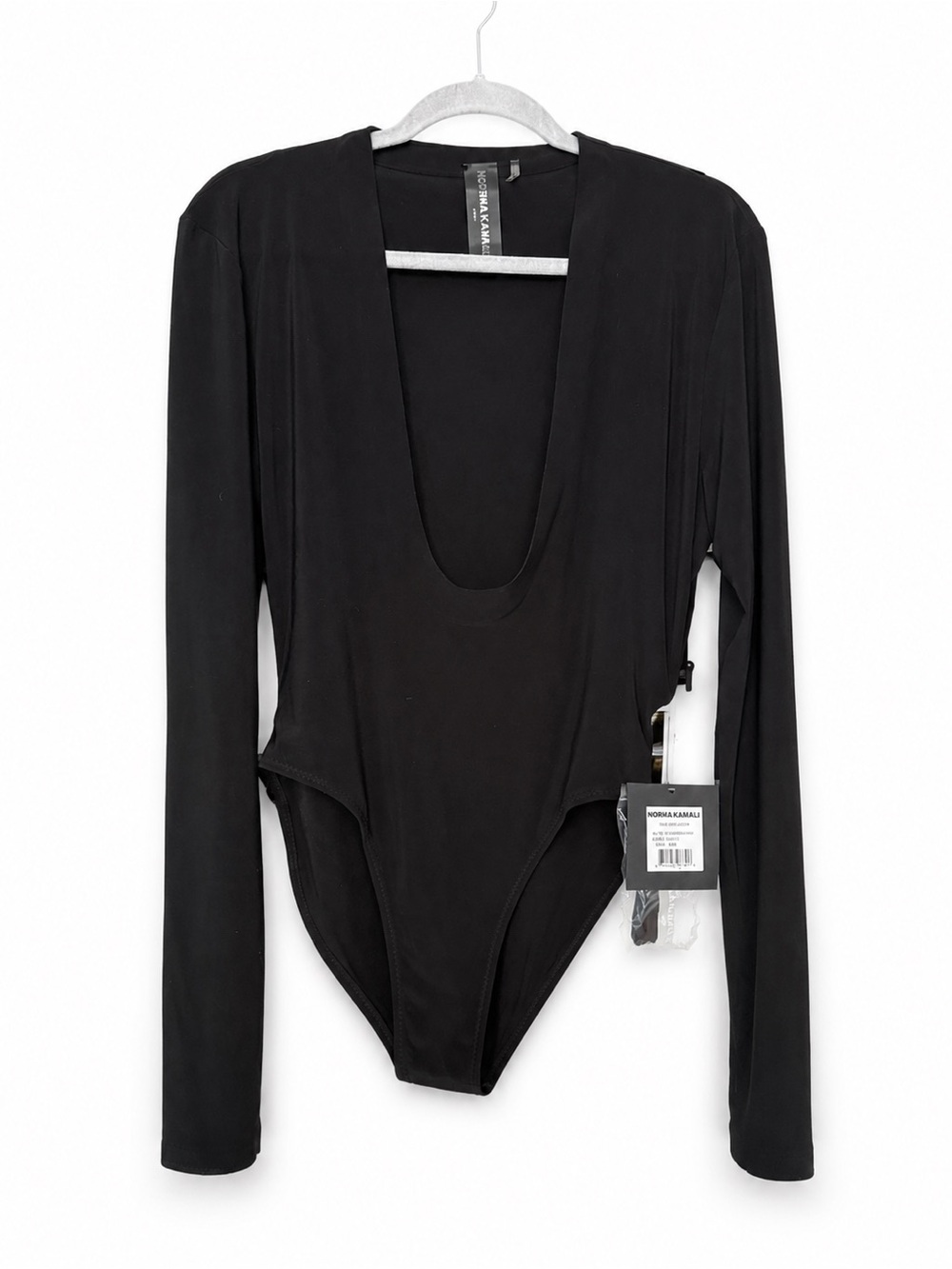NWT Norma Kamali Long Sleeve Deep U-Neck Bodysuit Black M/38